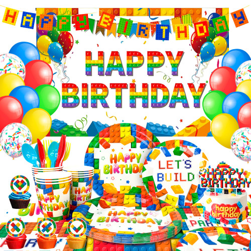 Building Blocks Birthday Party Supplies,114pcs Building Block Party Decorations&Building Blocks Tableware Set - Building Blocks Party Plates Napkins Backdrop Balloons etc Building Block Party Supplies