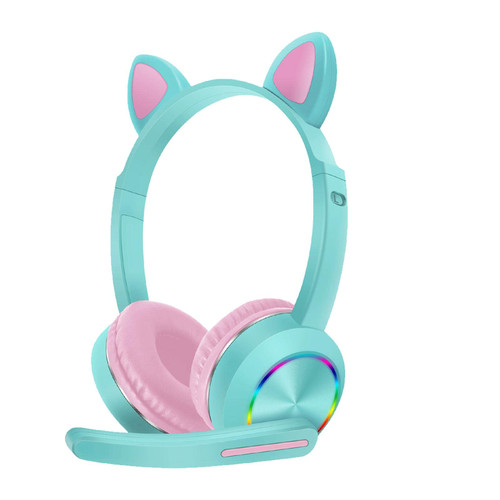 Tookie Bluetooth Cat Ear Headphones, Wireless Bluetooth 5.0 Headphones with LED Light, Foldable Noise Cancelling Gaming Headset with Mic Adjustable for Girls Boys(Light Blue)