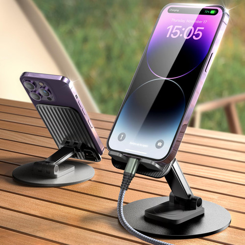 LISEN Rotatable Cell Phone Stand Holder for Desk Foldable iPhone Stand for Desk Height Adjustable Phone Holder Portable Cradle Desktop Dock Mobile Phone iPhone 14 iPad Tablet 4-10'' Desk Accessories