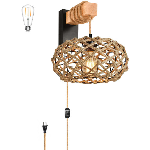Plug in Wall Sconces Rattan Boho Decor Wall Sconce Light Woven Wicker Wall Lamp with Plug in Cord Dimmable Hanging Lamps That Plug Into Wall Outlet Rustic Wall Lamp Light for Bedroom Living Room