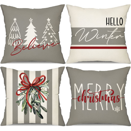 DFXSZ Christmas Pillow Covers 20x20 Set of 4 Christmas Farmhouse Decorations Merry Christmas Believe Winter Holiday Decor Throw Pillow Cushion Case for Home Couch