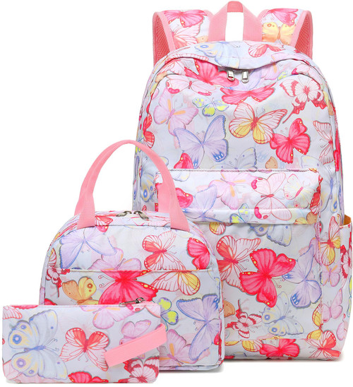 LEDAOU Backpack for Girls School Bag Kids Bookbag Teen Backpack Set Daypack with Lunch Bag and Pencil Case (Colorful Butterfly)