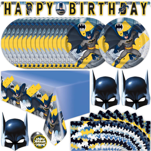 Batman Birthday Party Supplies | Batman Party Supplies | Batman Birthday Decorations | Batman Party Decorations | With Banner, Table Cover, Masks, Plates, Napkins, Button | For Boys or Girls | Serves 16 Guests