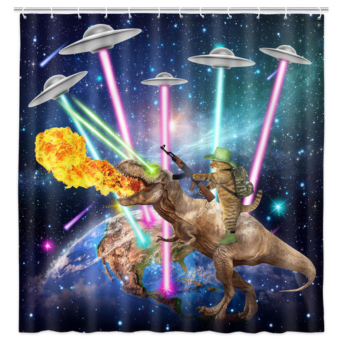 Funny Kids Shower Curtain for Bathroom, Cool Cat Riding Cute Dinosaur on Outer Space Universe Fantasy Galaxy Hilarious Shower Curtain Set, Cosmic Fabric Restroom Bathtub Decor Hooks Included, (72X72)