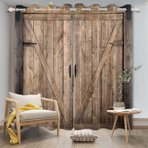 Umpoo Wooden Barn Door Blackout Curtains for Living Room Decoration Rustic Farmhouse Vintage Country Garage Western Bedroom Window Drapes Treatment Fabric Set of 2 Panels, 52x63 Inch