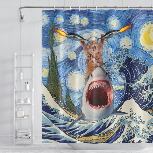 Umpoo Funny Shark Cat Shower Curtain for Kids Bathroom Cute Cat Riding a Shark Blue Ocean Japanese Wave Bath Curtain Waterproof Fabric Polyester Home Decor Shower Curtain with Hooks, 60x72 Inch