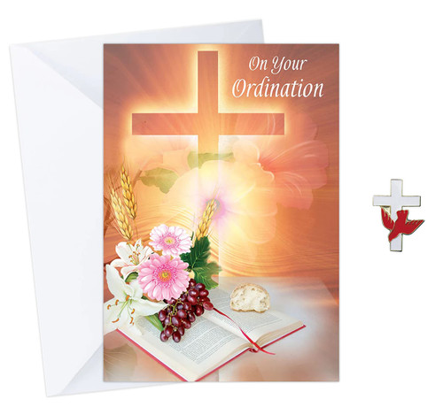 Trendzeen Deacon Ordination Greeting Card - with Holy Spirit Cross Lapel Pin | Priestly Ordination Card, Gold Plated Cross Red Dove Pin | Bishop Ordination Card Set of 2 Items