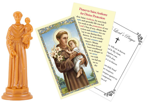 Mini St Anthony Statue (2.5 Inch) - with Saint Anthony Laminated Prayer Card, The Lord's Prayer Card | Small St Anthony Padua Figurine, Patron Saint of Lost Things | Set of 3 Items