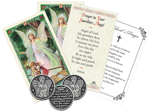 Guardian Coin - with Catholic Guardian Angel Prayer Card | 3 Pocket Angel Coin Token, 3 Guardian Angel Card, The Lord's Prayer Card | Guardian Angel Coins Set of 7 Items