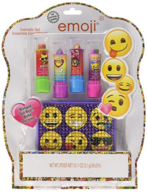 Townley Girl Emoji Super Sparkly Lip Balm for Girls, Four Fruity Flavors with decorative carrying case