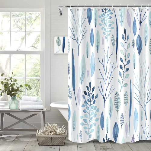 Umpoo Eucalyptus Leaves Bathroom Shower Curtain Teal Watercolor Leaf Waterproof Polyester Shower Curtains Shower Curtain with Hooks Modern Artistic Aesthetics Home Decorative, 72x72 Inch