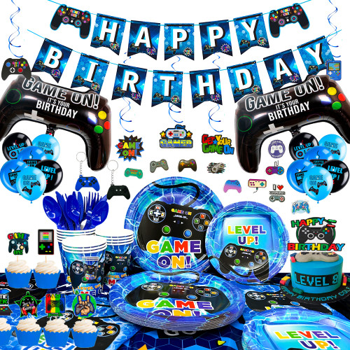 213pcs Video Gamer Birthday Party Decorations & Video Game Party Tableware Supplies Set - Video Game Party Plates Cups Napkins Tablecloth Banner Balloons etc Game Themed Party Decorations for Boys