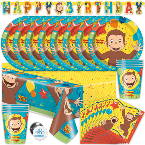 Curious George Party Supplies | Curious George Birthday Party Supplies and Decorations | Serves 16 Guests | With Table Cover, Banner, Plates, Napkins, Cups, Button Curious George Party Supplies | Curious George Birthday Party Supplies and Decorations | Serves 16 Guests | With Table Cover, Banner, Plates, Napkins, Cups, Button