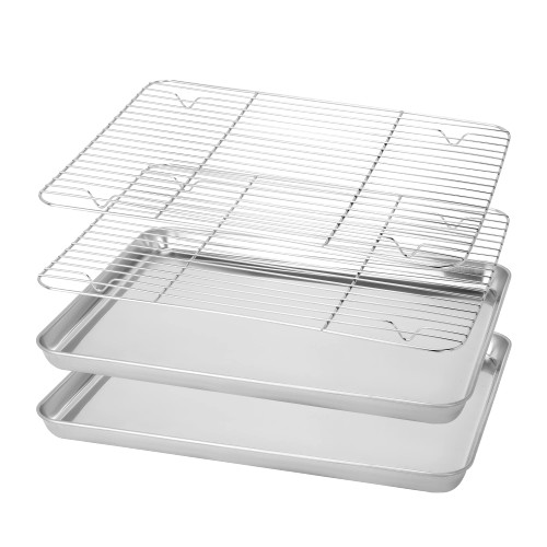 BIEAMA Baking Sheet with Rack Set (2 Pans + 2 Racks), 16 x 12 x 1" Stainless Steel Cookie Sheet with Cooling Rack, Toaster Oven Tray and Rack Set