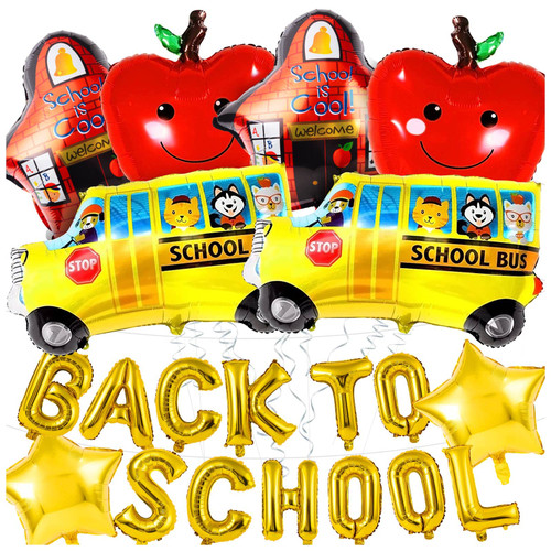 20Pieces Back to School Balloons, Welcome School Bus, School is Cool, Apple, Five-Pointed Star and Back to School Helium Mylar Balloons Set, Red Yellow Mylar Foil Balloon for School Party Decorations