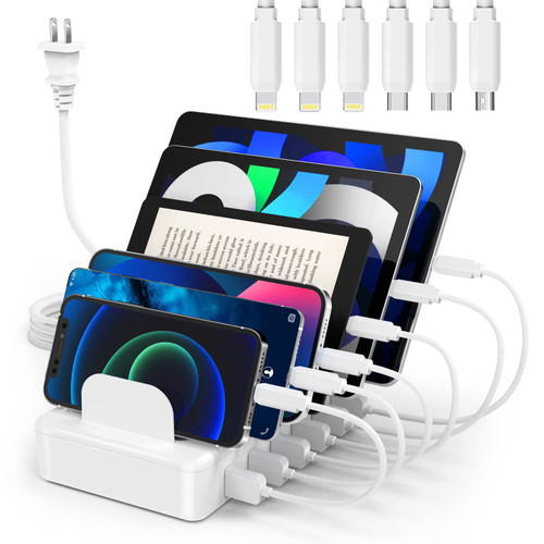ZXSWONLY Charging Station for Multiple Devices, 50W 6 Ports USB Charging Station Organizer with 6 Cables Compatible with Cellphone, Tablet, Kindle, and Other Electronic (White)