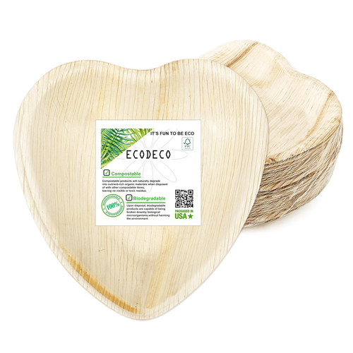 ECODECO 25 Heart Shaped Palm Leaf Disposable Plates - 6.5 Inch - Compostable Eco Friendly Party Supplies for Cake Dessert