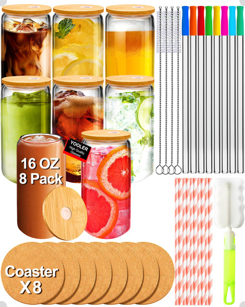 Yooler Glass Cups with Lids and Straws - 16oz Can Shaped Drinking Beer Glasses, Iced Coffee Cups, Cute Glass Tumbler with Straw and Bamboo Lid, Ideal for Cocktail, Whiskey, Gift (Set of 8)