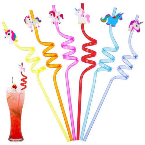 YHomU 24Pcs Reusable Unicorn Straws, 6 Styles Unicorn Horse Straws Set, Colorful Curved Plastic Straws for Kids, Rainbow Unicorn Birthday Party Supplies for Girls, Unicorn Party Favors