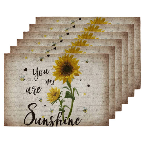 Farm Sunflower Placemat Set of 6, You are My Sunshine Heart Heat-Resistant Washable Table Place Mats for Kitchen Dining Table Decoration