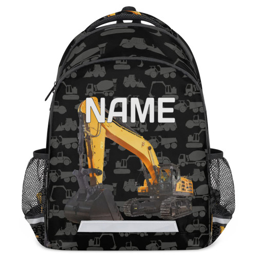 OMFUNS Excavator Truck Custom Name School Backpack for Boy Girl Teen Cool Car Personalized Student Bookbag for Primary Junior College Customized Laptop Backpack for Men Women