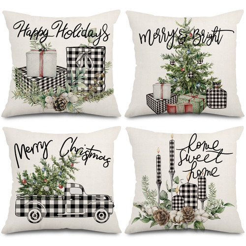 AnyDesign Christmas Pillow Covers 18 x 18 Inch Farmhouse Buffalo Plaids Throw Pillow Case Xmas Tree Truck Winter Holiday Cushion Cover Rustic Cushion Case for Home Couch Sofa, Set of 4