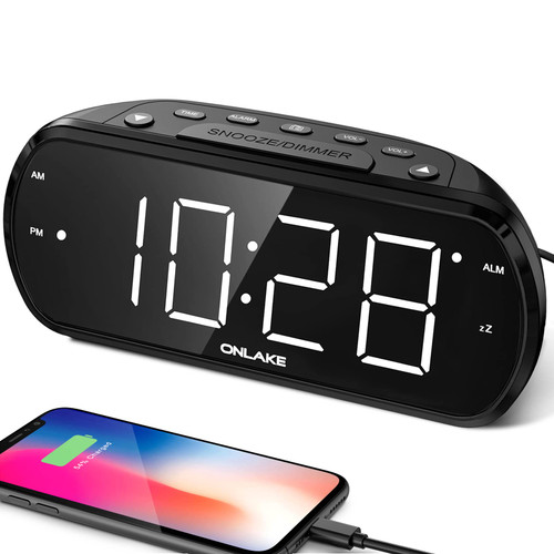 ONLAKE Radio Alarm Clock for Bedroom - USB Charger | 7" Large Dimmer LED Display | Easy Snooze | Battery Backup | Digital Clocks for Bedside & Desk