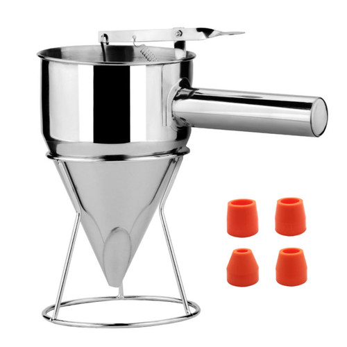 Stainless Steel Pancake Batter Dispenser with Stand,20oz Funnel Cake Dispenser for Griddle with 4 Caliber Funnels,Baking Tool for Cupcake, Waffles, Muffin Mix, Crepes, Cake Stainless Steel Pancake Batter Dispenser with Stand,20oz Funnel Cake Dispenser for Griddle with 4 Caliber Funnels,Baking Tool for Cupcake, Waffles, Muffin Mix, Crepes, Cake