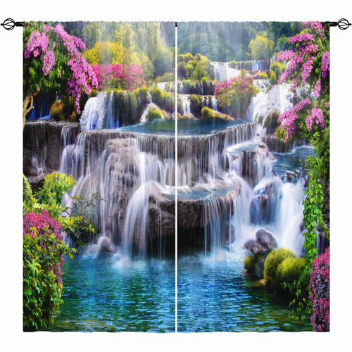 ANHOPE Waterfall Curtains - Spring Nature Theme Pink Red Floral Forest Landscape Scenery Pattern Waterproof Fabric Rod Pocket Window Drapes for Bedroom Living Room Cafe Closet 2 Panels W29.5 x L65