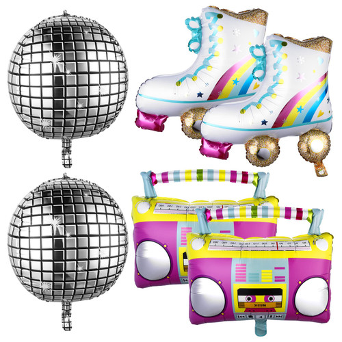 Abeillo Roller Skate Balloon Set - 22 Inch Disco Ball Balloons Boombox Balloon Foil Balloons 80s 90s Retro Balloon for Disco Dance Party Hip Hop Theme Birthday Party