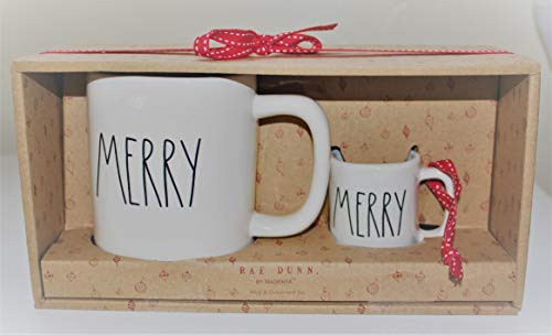 Rae Dunn MERRY Mug and MERRY Ornament in Large Letters LL 2 piece Christmas Set with ribbons, in Gift Box. By Magenta.
