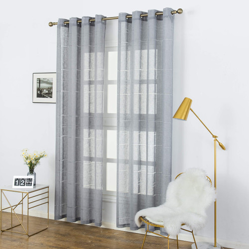 Aquazolax Semi Sheer Curtain Panels Linen Blended Striped Voile Window Curtains Drapery Grommet Top Kitchen Bedroom, 1 Pair, 52 x 95 Inch, Grey