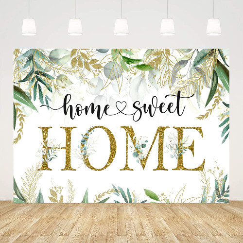 Ticuenicoa 7x5ft Housewarming Backdrop Green Leaves Background for New House Party Decorations Gold Housewarming Photography Home Sweet Home Banner Background Photo Booth Wedding Cake Table Supplies