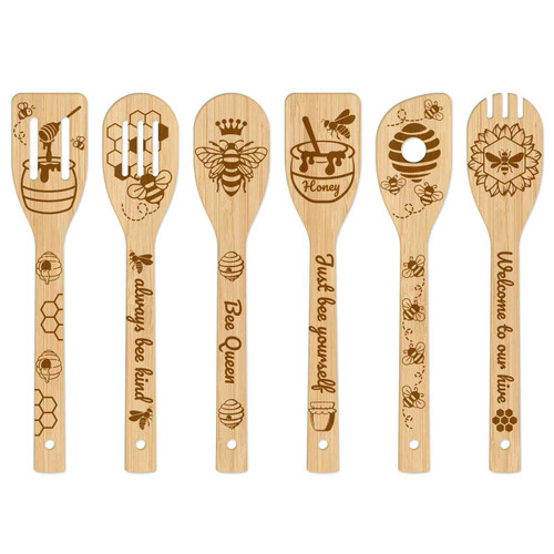 GLOBLELAND 6Pcs Bee Bamboo Cooking Utensils Wooden Engraved Cooking Spoons Set Carving Kitchen Bamboo Spatula Set Wood Cooking Spoon for Kitchen House Warming Gift GLOBLELAND 6Pcs Bee Bamboo Cooking Utensils Wooden Engraved Cooking Spoons Set Carving Kitchen Bamboo Spatula Set Wood Cooking Spoon for Kitchen House Warming Gift