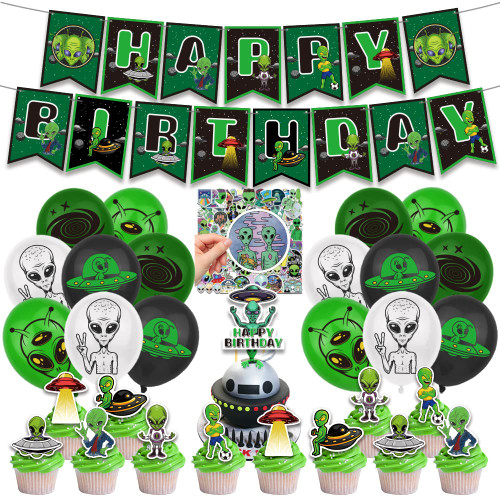 PLORBACH 130Pcs Alien Party Decorations, Alien Birthday Decor, Alien Theme Party Supplies Include Happy Birthday Banner, Alien Stickers, Balloons, Alien Cake&Cupcake Toppers