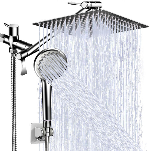 Shower Head Combo, 10 Inch High Pressure Rain Shower Head with 11 Inch Adjustable Extension Arm, 5 Settings Handheld Shower Head Combo with Hose & Holder, Anti-leak Dual Rainfall Shower Head, Chrome