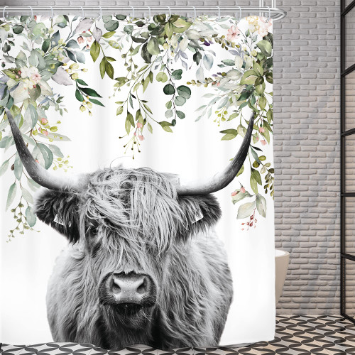 AMBZEK Highland Cow Shower Curtain 60Wx72L Inch Funny Bull Country Western Farmhouse Rustic Eucalyptus Leaves Plants Artwork Cloth Fabric Waterproof Polyester Bathroom Decor Set with 12 Pack Hooks