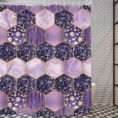 AMBZEK Purple Marble Shower Curtain 60Wx72L Inch Abstract Gold Ombre Modern Luxury Diamond Honeycomb Geometric Artwork Cloth Fabric Waterproof Polyester Bathroom Decor Set with 12 Pack Hooks