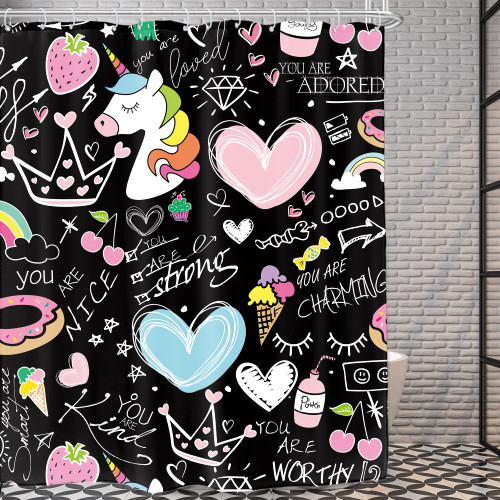 AMBZEK Kids Shower Curtain 60Wx72L Inch Lovely Cute Cartoon Unicorn Black Inspirational Motivational Quotes Heart Crown Artwork Cloth Fabric Waterproof Polyester Bathroom Decor Set with 12 Pack Hooks