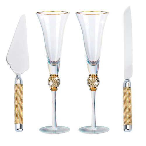 Merkaunis Wedding Toasting Flutes and Cake Server Set of 4,Wedding Champagne Flutes, Gold Wedding Cake Knife and Server Set, Wedding Reception Supplies Champagne Glasses Cake Knife Pie Server (Gold)