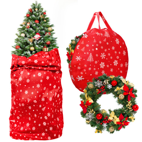 MIMIND Large Christmas Tree Storage Bag Wreath Storage Bag Set Snowflake Durable Non-Woven Fabric Xmas Tree Storage Bag Fit Up to 9 Feet Tall Xmas Artificial Tree Red Christmas Tree Cover Holders
