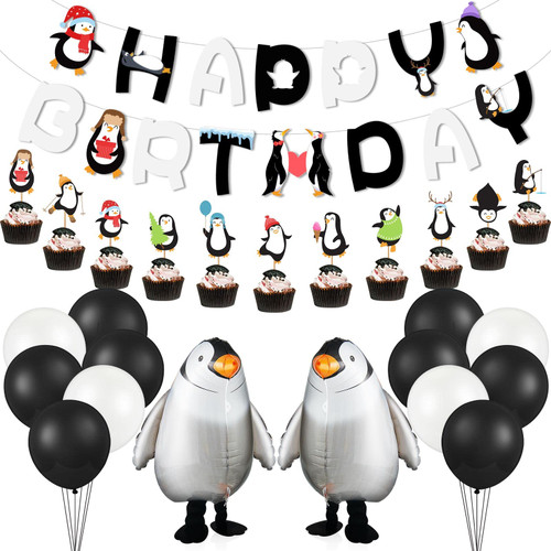 48 Pieces Penguin Birthday Party Decorations Include Happy Birthday Banner Walking Penguin Balloons Penguin Cake Toppers Latex Balloons for Baby Shower Penguin Winter Theme Birthday Party Supplies