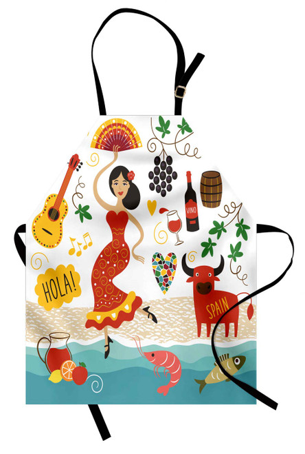 Ambesonne Spain Apron, National Elements Design Bull Guitar and Flamingo Dancer Cartoon Style Composition, Unisex Kitchen Bib with Adjustable Neck for Cooking Gardening, Adult Size, Umber