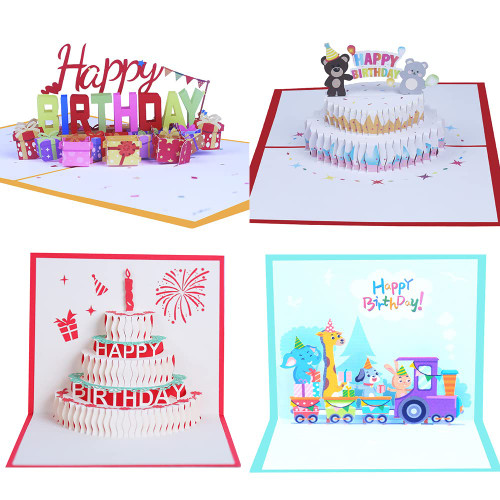 4 Pack 3D Birthday Cards, Paper Pop Up Cards Handcrafted 3D Pop Up Cake Greeting Card Creative Hollow Paper Carving Envelopes Handmade Holiday Birthday Greeting Cards for Friends Kids Parents