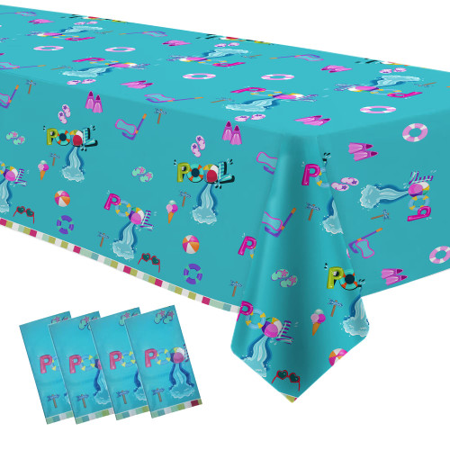 APOWBLS Pool Party Tablecloth Decorations - Disposable Beach Theme Pool Party Supplies Table Cover for Birthday, Summer Theme Pool Birthday Table Cloth - 4 Pack (54in x 108in)