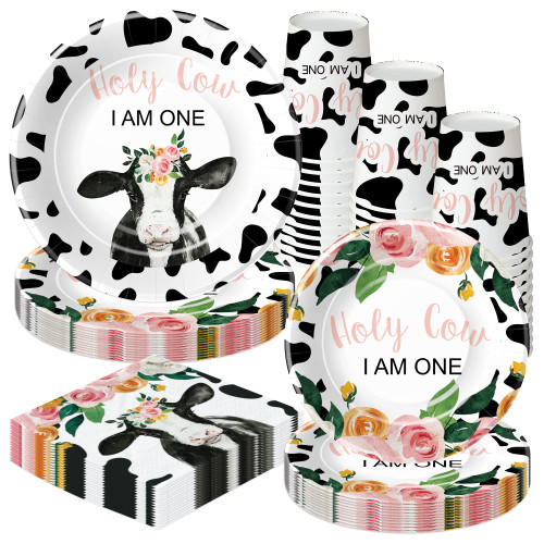 APOWBLS Cow First Birthday Party Supplies Girl - Holy Cow I'm One Birthday Decorations Tableware, Cow Print 1st Birthday Party Decorations Dinnerware Include Paper Plates, Cups, Napkins | Serve 48