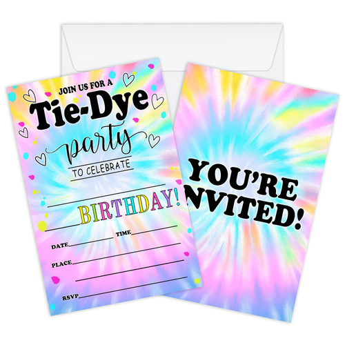 AXAMDAM Tie Dye Birthday Invitation Cards, Art Themed Party Invitations for Kids, girls, 20 Cards With 20 Envelopes Party Favors & Celebration Supplies-A057