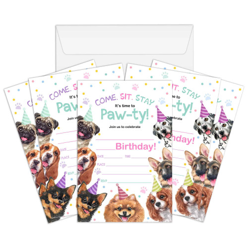 AXAMDAM Puppy Pawty Birthday Invitations Cards, Dog Pawty Party Invitations for Kids Boys and Girls, 20 Cards With 20 Envelopes Party Favors & Celebration Supplies-A041