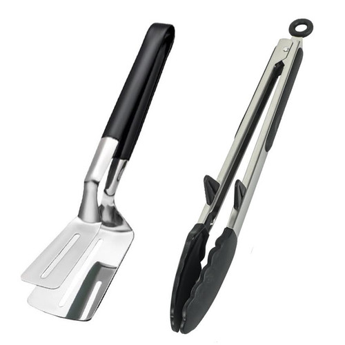 2 pcs Silicone Kitchen Cooking Tongs 304 Stainless Steel Grill Clamp Multipurpose Barbecue Clamp Spatula for Gripper Bread Clip, Fried Steak Clamp, Flipping Fish, Toast Salad Tongs(12Inch)