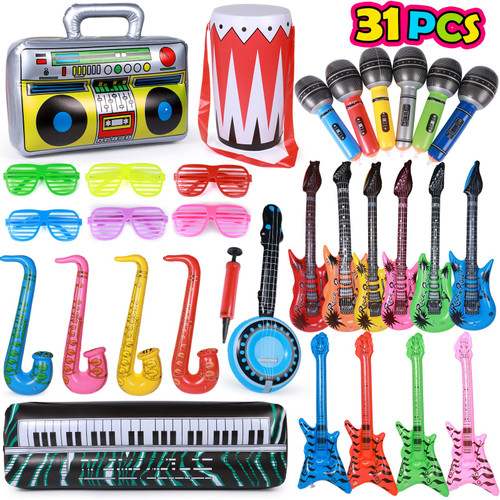 31 Pack Inflatable Rock Star Toy Set 80s Music Instruments Party Props Decorations-6 Inflatable Guitars, 6 Inflatable Microphones, 6 Shutter Shading Glasses, and Inflatable Rock Party Favors